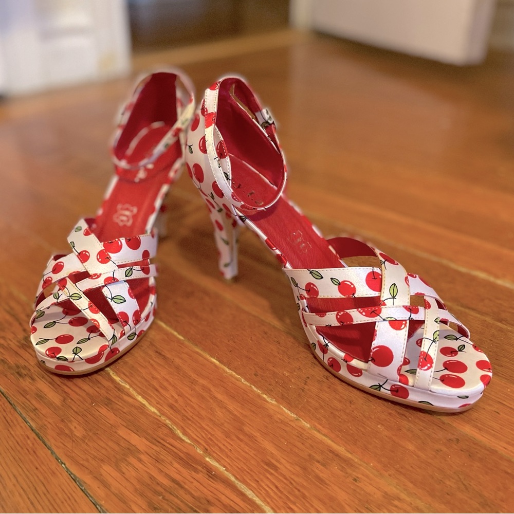 N.Y.L.A. Ankle-Strap Satin Cherry Heels